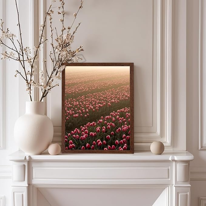 Monem Art Golden Tulip Field Sunset Photography Print - Romantic Spring Landscape Art Poster - Wall Decor for Living Room, Bedroom or Office - 8x10 Brown Framed Wall Art by Mareike Bohmer