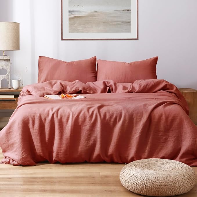 S VICTORY SYMBOL 100% Organic Linen Duvet Cover Set 3 Pieces,Natural French Flax Bedding Set,1 Comforter Cover and 2 Pillowcases,Solid Color Full Size(Clay)