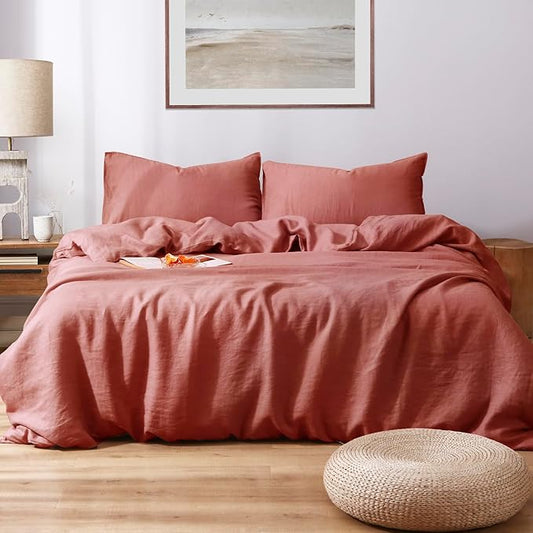 S VICTORY SYMBOL 100% Organic Linen Duvet Cover Set 3 Pieces,Natural French Flax Bedding Set,1 Comforter Cover and 2 Pillowcases,Solid Color Full Size(Clay)