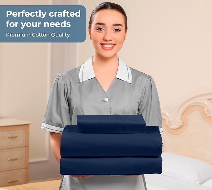 ROYALE LINENS 100% Organic Cotton Twin Sheet Set - Percale Weave - 3 Pieces Set - 1 Flat, 1 Deep Pocket Fitted Sheet and 1 Pillowcases - Navy Bed Sheets - Sábanas Twin - Crisp Cool (Navy)
