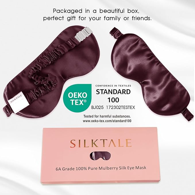 100% Mulberry Silk Eye Mask for Sleeping with Silk Wrapped Adjustable Strap,Burgundy