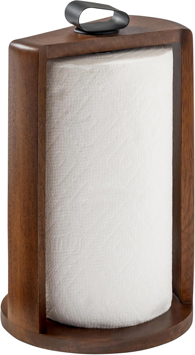 Anji Mountain Wooden Paper Towel Holder with Iron Holder, Holder Stand for Kitchen Roll Organizer & Kitchen Dining Table Home Décor, Countertop Fits Jumbo & Mega Rolls - Walnut/Black, Top Load