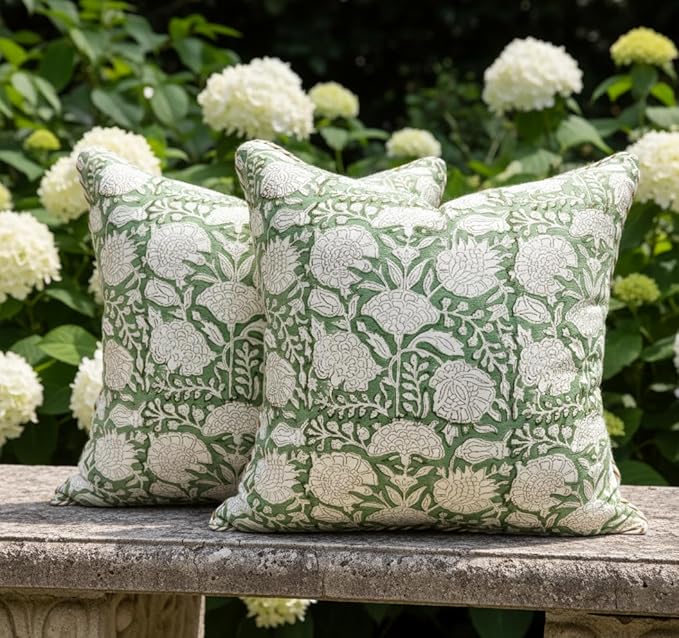 ATOSII Block Print Boho Throw Pillow Covers, 20 X 20, Set of 2, Decorative Couch Pillows for Living Room, 100% Cotton Canvas Acccent Pillows, Christmas Thanksgiving Fall Preppy Throws - Jade