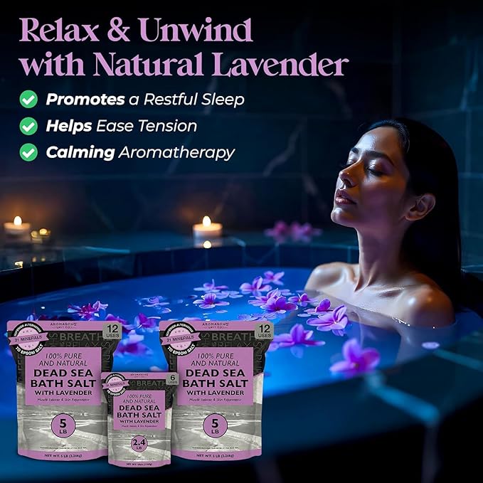 Aromasong Pure Dead Sea Salt for Soaking with 100% Natural Lavender, 2.43 LB - Spa Bath Salt Fine Grain - Body Wash Scrub - Soak for Women & Men- Bulk Resealable Pack