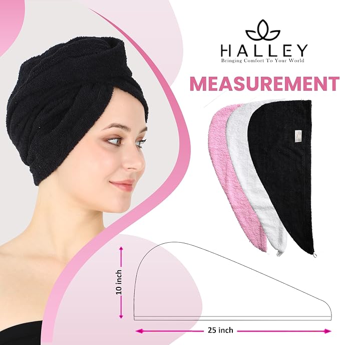 HALLEY Cotton Hair Towel Wrap (3 Packs) Super Absorbent Fast Drying Hair Towel for Thick Hair Turbans for Wet Hair with Button (Black, White, Pink)