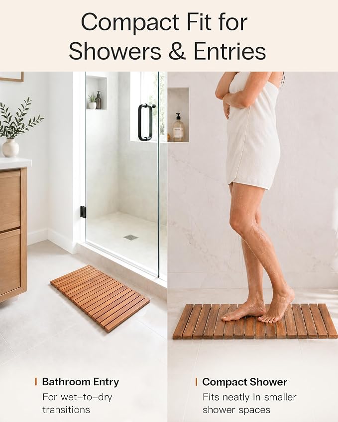 StrongTek Roll Up Teak Bath Mat, Pre-Oiled Wooden Shower Mat with Non-Slip Pads, Teak String Mat for Bathroom, Spa Floor Mat for Tub, Shower & Entry, 22.8 x 15 in