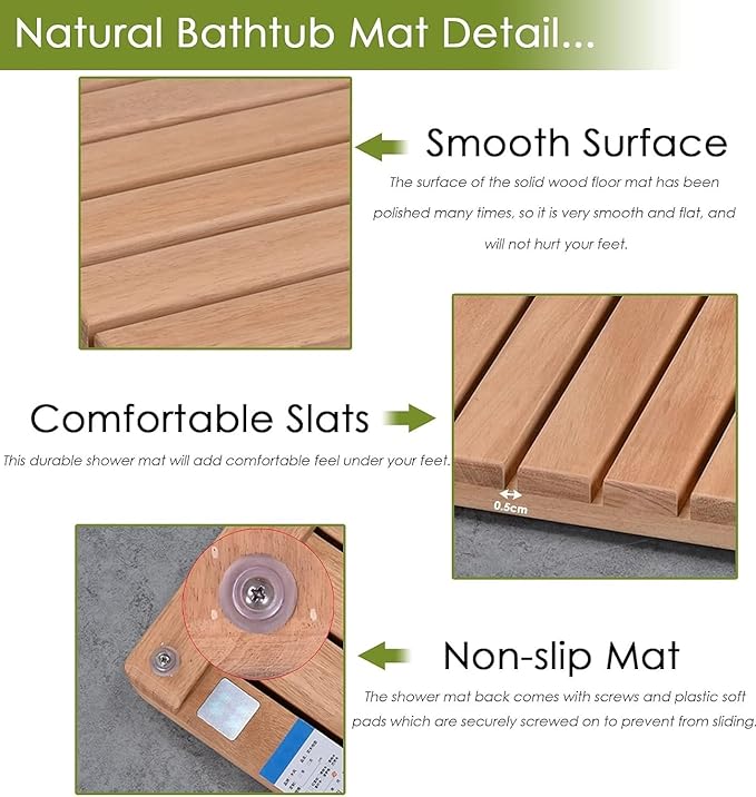44in 40in 36in 32in 28in 24in 20in Large Customizable Teak Shower Floor Mat, Square Bath Mats for Non Slip with Drain Hole, Yard Patio/Spa/Sauna/Rv Hot Tub Footrest(36x38in(91x97cm))