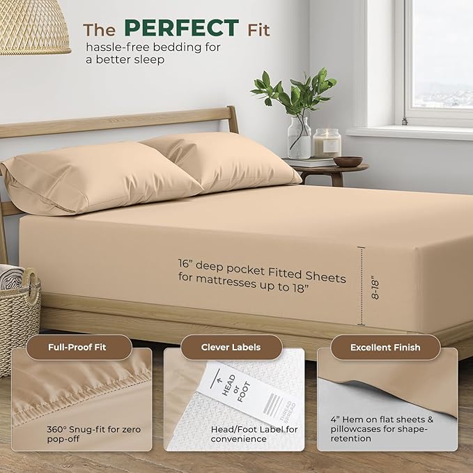 THREAD SPREAD 100% Organic Cotton Sheets Queen Size - 4 PC Organic Cotton Queen Size Percale Weave Sheet Set, Soft, Cooling, Crisp & Breathable, 16" Deep Pocket Hotel Quality Bedding Set - Taupe