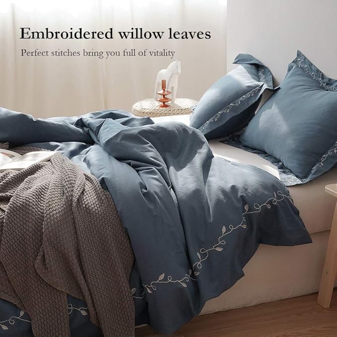BISELINA French Linen Duvet Cover Set 3pcs Embroidered Willow Leaf 55% Flax 45% Cotton Blend Soft Breathable Luxury Bedding (King, Embroidery Navy Blue)