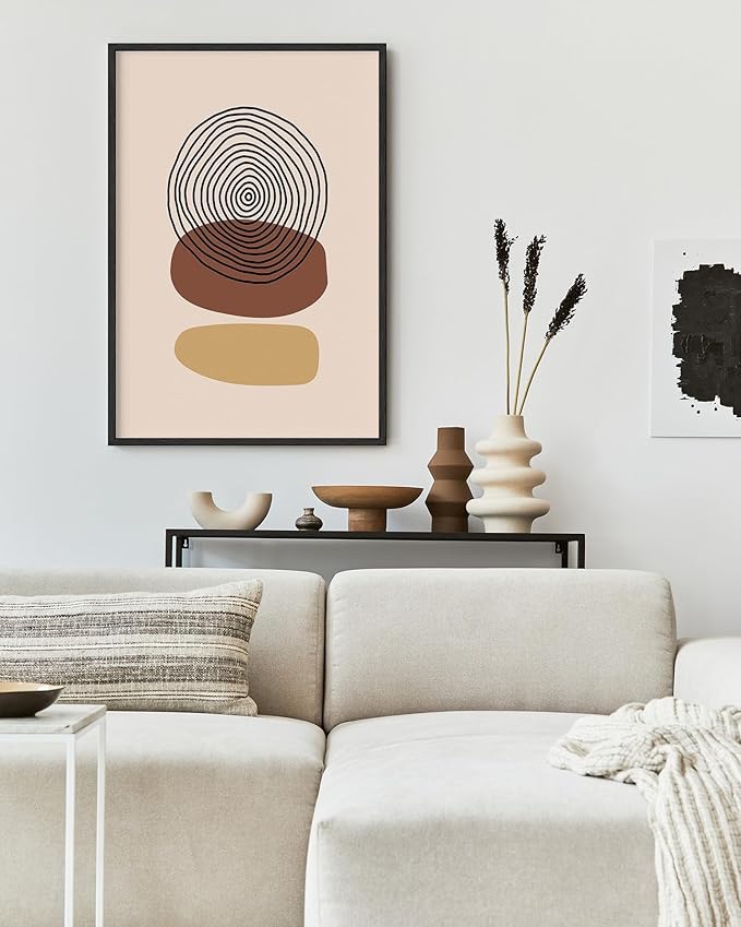 Boho Abstract Wall Art Minimalist Stacked Stones Circles Earth Tones Terracotta Mid Century Modern 24x36 Inch Oak Wood Black Framed Zen Meditation Print for Living Room Office Decor