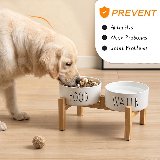 Elevated Ceramic Dog Bowls Set - Food & Water Lettering Raised Dog Bowl with Non-Slip Bamboo Stand for Small and Medium Dogs, Weighted Dogs Dishes Pet Bowls (6 inch, 2 * 30oz, White)