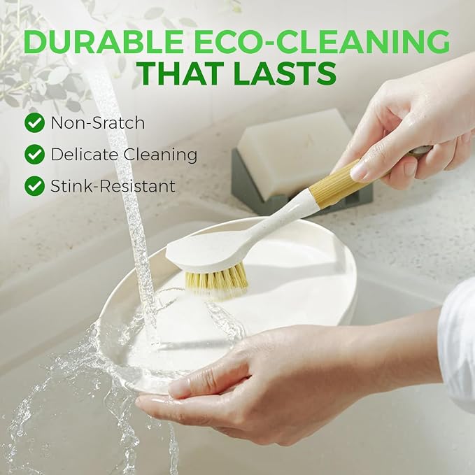 AIRNEX Bamboo Dish Brush Set - 3 Pack Sisal & Coconut Medium and Hard Bristles & 2 Pack Dish Brushes with Handle - Non-Scratch, Odor-Free, Quick-Drying Kitchen Scrubbers for Dishes, Pans, Pots & Sink