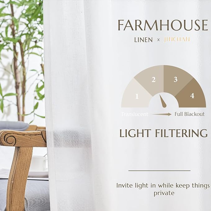 jinchan White Linen Curtains for Living Room Bedroom 20 Inchs Long 2 Panel Set Light Filtering Farmhouse Curtains Aesthetic Decor 10ft Extra Long Drapes, Rod Pocket/Back Tab 50W x 120L