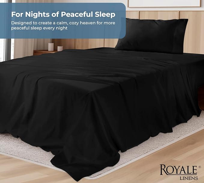 ROYALE LINENS 100% Organic Cotton Twin XL Sheet Set - Percale Weave - 3 Pieces Set - 1 Flat, 1 Deep Pocket Fitted Sheet and 1 Pillowcases - Black Bed Sheets - Sábanas Twin XL - Crisp Cool (Black)