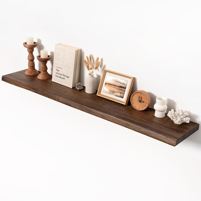 55" Live Edge Floating Shelf, Solid Elm Wood Wall Shelf | 1.4" Thick, 9.3" Deep, 50 lb Load Capacity, FSC Certified Solid Elm Display Shelf for Living Room, Bedroom, Kitchen & Office