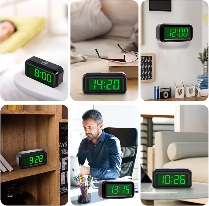 Digital Alarm Clock Battery Operated with LED Display for Bedrooms, Long Battery Life for 12 Months, 3 Brightness Adjustable, 12/24 Hour, Snooze, Black Case with Green Digits