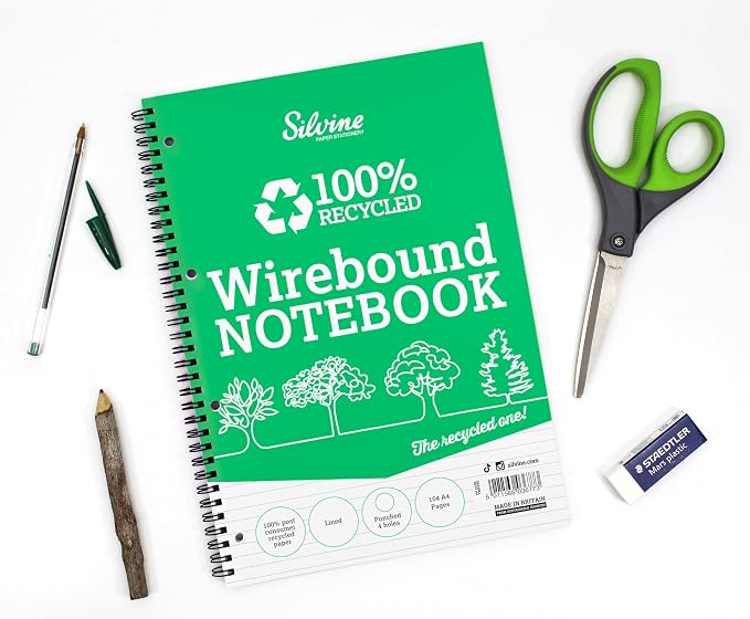 Silvine Everyday Notebook Recycled Wirebound Punched Ruled 104pp 70gsm A4 Ref TWRE80, Pack of 12