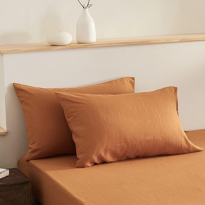 Simple&Opulence Linen Pillowcases 1 Pair Basic Style 55% Euro Linen 45% Cotton Blend Solid Color Flax Shams Set of 2, King Size 20"x40", Rust