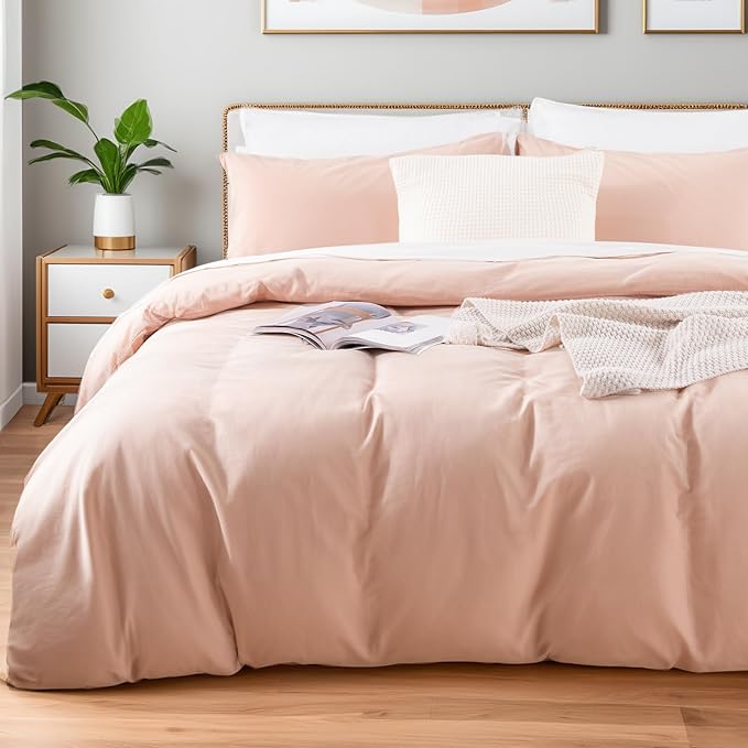 NEXHOME PRO Duvet Cover Set Kids Twin Size Linen Feel Textured Organic Natural 100% Washed Cotton Duvet Cover 2 Pieces Bedding Set with Zipper Closure, Breathable, Dusty Pink(No Comforter)