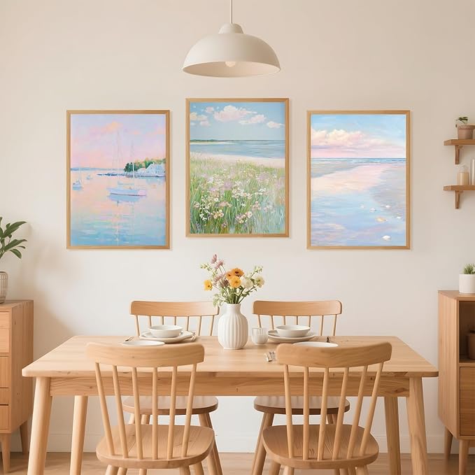 Coastal Pink Wall Art Set of 3 Maximalist Ocean & Beach Landscape Canvas Poster Trendy Sailboats Flowers Sunset Painting Pastel Picture Prints for Bedroom Home Decor 16x24inch Wooden Framed