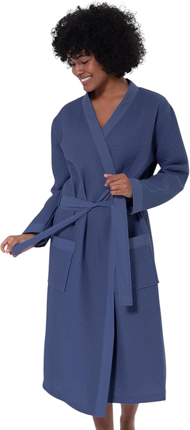 SEYANTE Women's Organic Cotton Waffle Kimono, Hooded Robe – GOTS Certified Lightweight Full-Length Spa Bathrobe with Piping