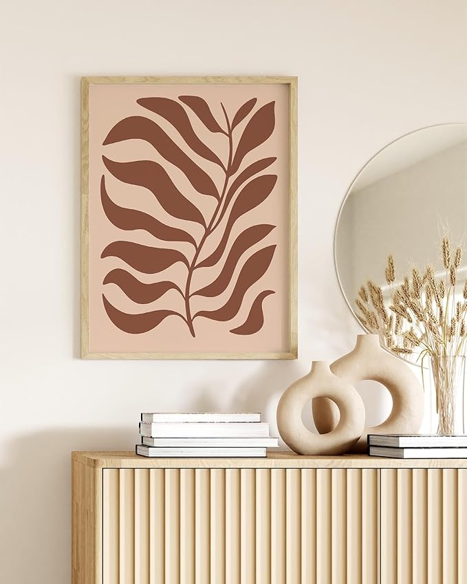 Abstract Organic Leaf Silhouette Wall Art Botanical Shapes Earth Tones Terracotta Mid Century Modern 12x16 Inch Oak Wood Beige Framed Minimalist Print for Bedroom Decor