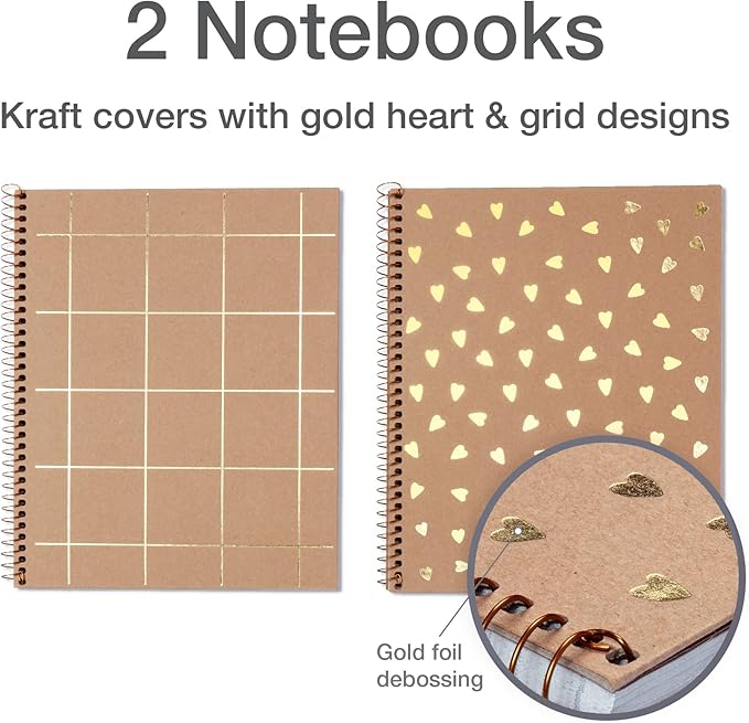 Oxford Spiral Notebooks, 2 Pack, 100% Recycled, Kraft Notebooks, Gold, College Ruled, 80 Sheets/160 Pages, Student Gifts, Teacher Gifts (90881)