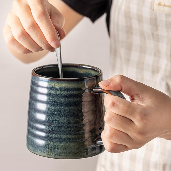 15.5 Oz Large Reactive Glaze Ceramic Mug, Heavy Weighted Stoneware Coffee Cup, Wide Base, Thick Wall Big Tea Cup with Custom Package Box, Microwave & Dishwasher Safe (Dark Green)
