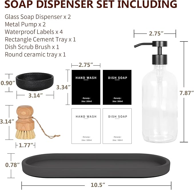 Ronasip Set of 5 Kitchen Soap Dispenser Set 16 Oz Glass Hand Dish Soap Dispenser with Stainless Steel Pump, Cement Tray, Dish Scrub Brush for Farmhouse Rustic Home Bathroom Decor (Transparency)