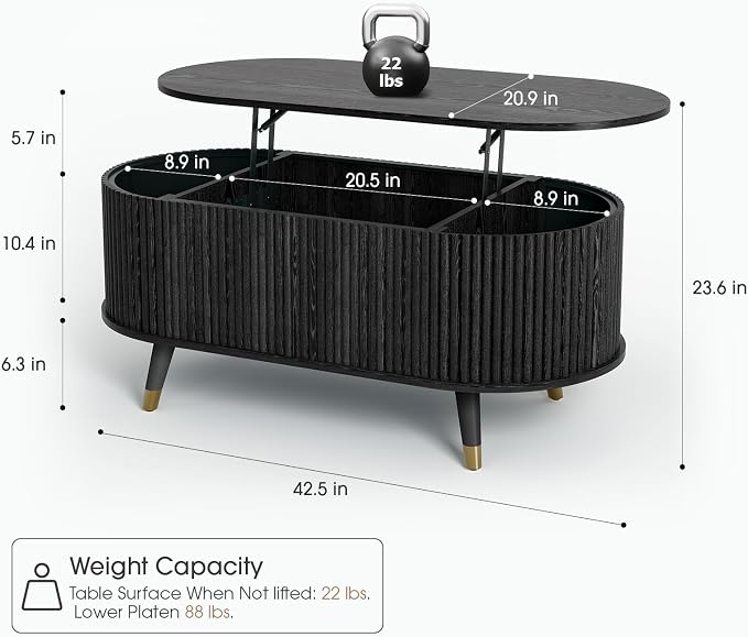 JOINICE 42.5" Oval Lift Top Coffee Table with Storage,Modern Black Center Table with Fluted Design, Solid Wood Legs & Hidden Compartment, Pop Up Coffee Table for Living Room