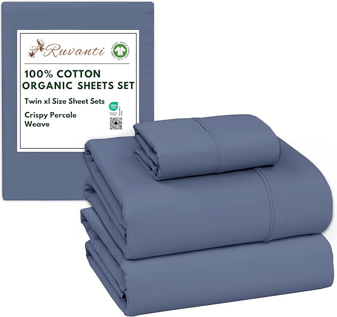 RUVANTI 100% Cotton Organic Percale Sheets Twin XL Size – Crisp Cooling Bed Sheets for Hot Sleepers, Deep Pocket 15”, Soft Peach Finish, Breathable & Durable Hotel-Style 3 Pcs, Wild Wind