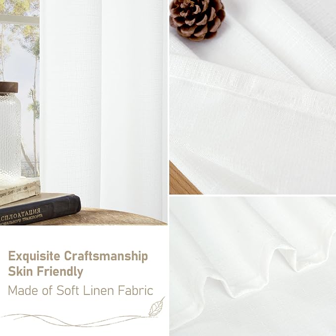 LAMIT White Linen Curtains 80 inches Long for Living Room, Faux Linen Light Filtering Curtains Grommet Privacy Neutral Window Treatments for Bedroom, 2 Panels, W52 x L80