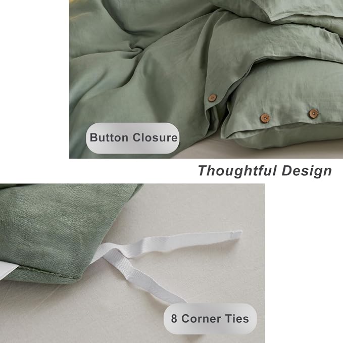 TOSMO 100% Linen Duvet Cover Set with Button Closure, 3 Pieces (1 Duvet Cover with 2 Pillowcases), Soft Breathable Durable Farmhouse Bedding - Full, Sage Green
