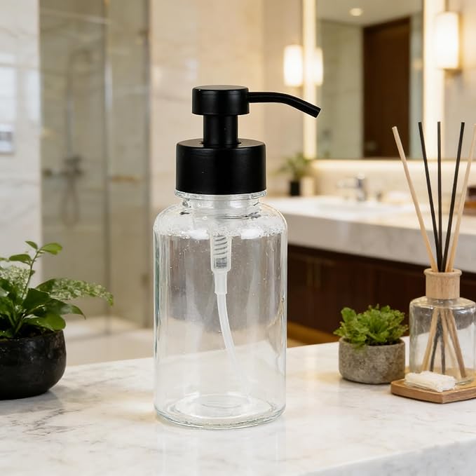 15 oz Amber-Tinted Thick Glass Foaming Soap Dispenser, Refillable Foaming Soap Dispenser with Black Rust-Proof Foam Pump, Suitable for Bathrooms and Kitchens (1, Clear)