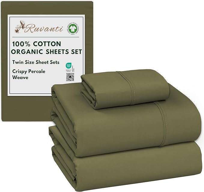 RUVANTI 100% Cotton Organic Percale Sheets Twin Size – Crisp Cooling Bed Sheets for Hot Sleepers, Deep Pocket 15”, Soft Peach Finish, Breathable & Durable Hotel-Style 3 Pcs, Olive