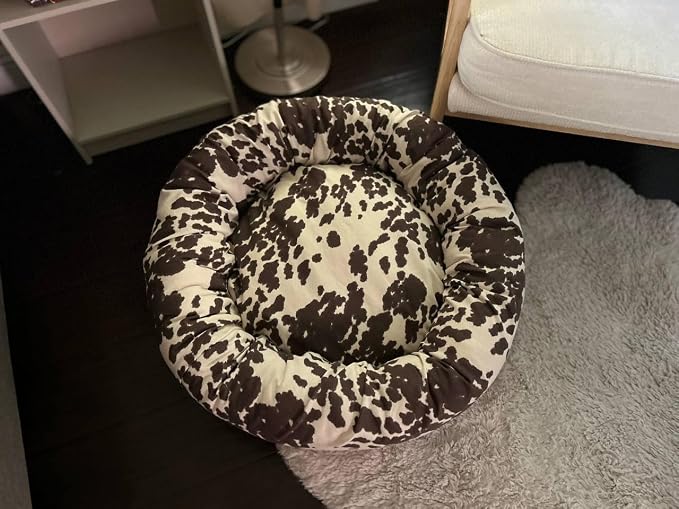 Organic Cotton Canvas Dog Bed: Removable Cover, Natural Fill - Made in USA (Cow Print Brown White, Medium 28" x 8" inches)
