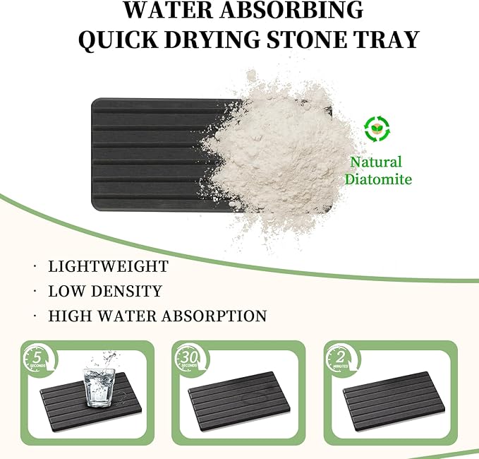 2 PCS Water Absorbing Diatomite Coasters, Stone Drying Mat for Kitchen Counter, Quick Dry Stone Mat Trays for Bathroom Kitchen Counter, Soap Dish Tray Used for Hand Soaps (Dark Gray-B, 8.3" x 4")