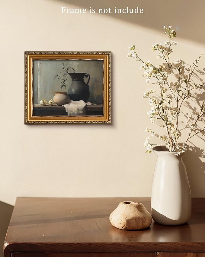 Vodefoad Still Life Vase Retro Vintage Canvas Wall Art Moody Kitchen Art Print Vintage Vase Still Life Oil Painting Vintage Neutral Wall Art for Home Bedroom Bathroom Decor - 8x10Inch Unframe