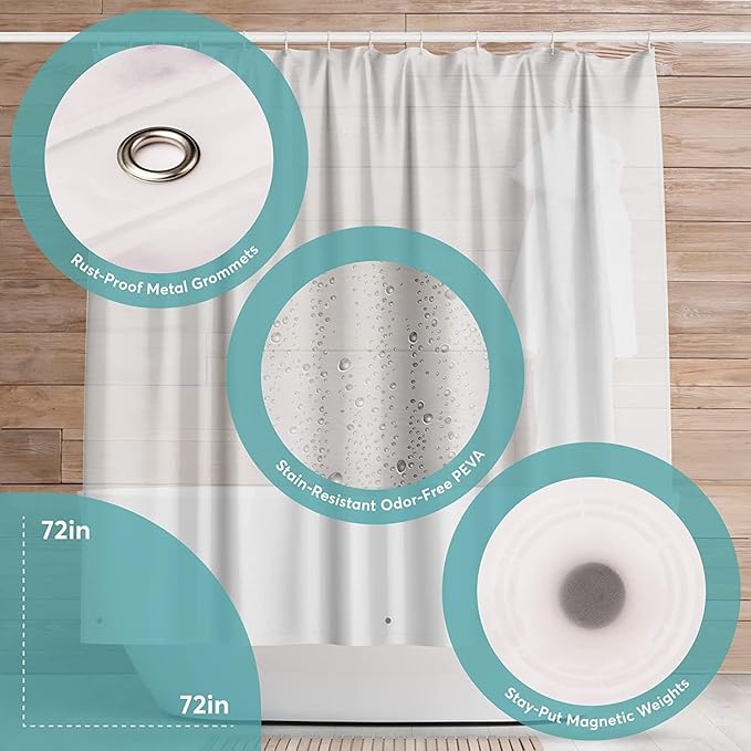 BigFoot Shower Curtain – 72 x 72 PEVA Heavy Duty Shower Curtain with Rustproof Metal Grommet and 3 Magnetic Weights – Odor Free and Compatible with Standard Showers, Clear