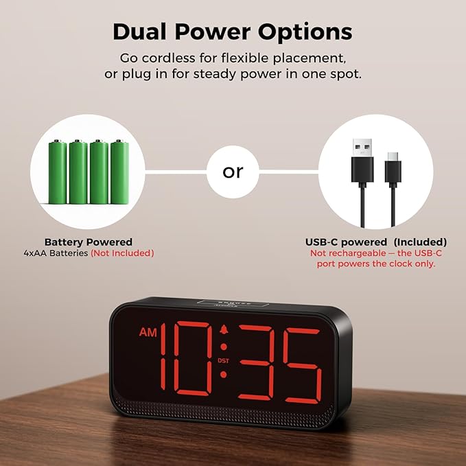Acedeck Battery Operated Alarm Clock for Bedroom Travel: Cordless Compact Large Display Digital Clock with Auto Dimming - 4 Dimmers Easy to Use for Adults Seniors Red Digits