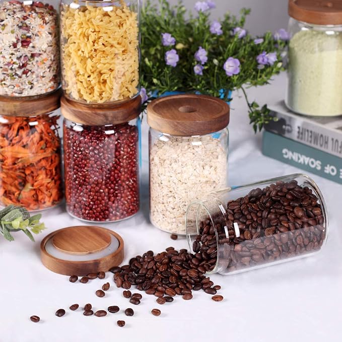SAIOOL Stackable Kitchen Canisters Set of 8,High Borosilicate Glass Cylinder Airtight Food Storage, sort out the tea, flour, candies, grain easily and clearly | Cylinder Shape, Airtight Food Storage, For Tea, Flour, Candies, Grain, Clear Visibility