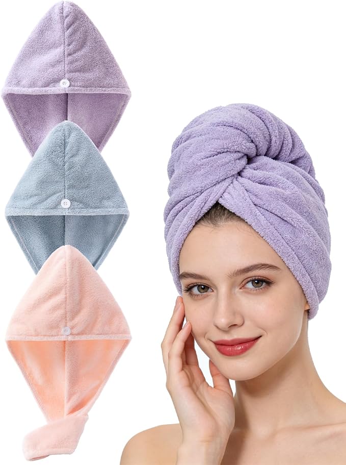 Lumimi Luxury Microfiber Hair Towel Gift Set 3 Pack - Spa Quality Turbans with Button Closure, Quick Dry for Long/Curly Hair, Premium Bath Accessories for Women(Blue+Pink+Purple)