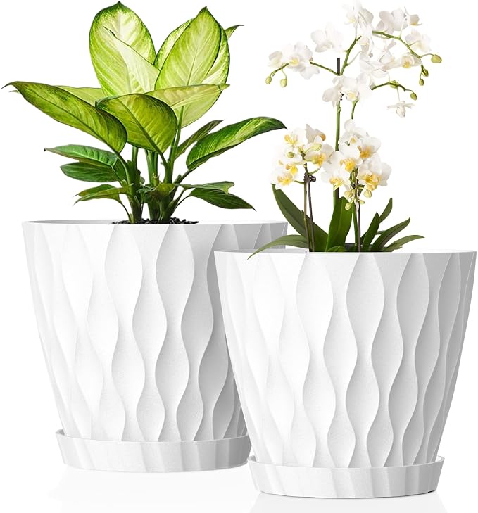 UOUZ 8 Inch Plant Pots, 2 Pack Plastic Planters for Indoor Outdoor with Drainage Holes & Saucers, Waffle Texture Flower Pots for Indoor Plants, Indoor Plant Pots for Monstera, Fiddle Leaf Fig, White