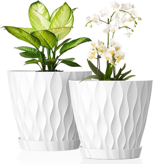 UOUZ 8 Inch Plant Pots, 2 Pack Plastic Planters for Indoor Outdoor with Drainage Holes & Saucers, Waffle Texture Flower Pots for Indoor Plants, Indoor Plant Pots for Monstera, Fiddle Leaf Fig, White