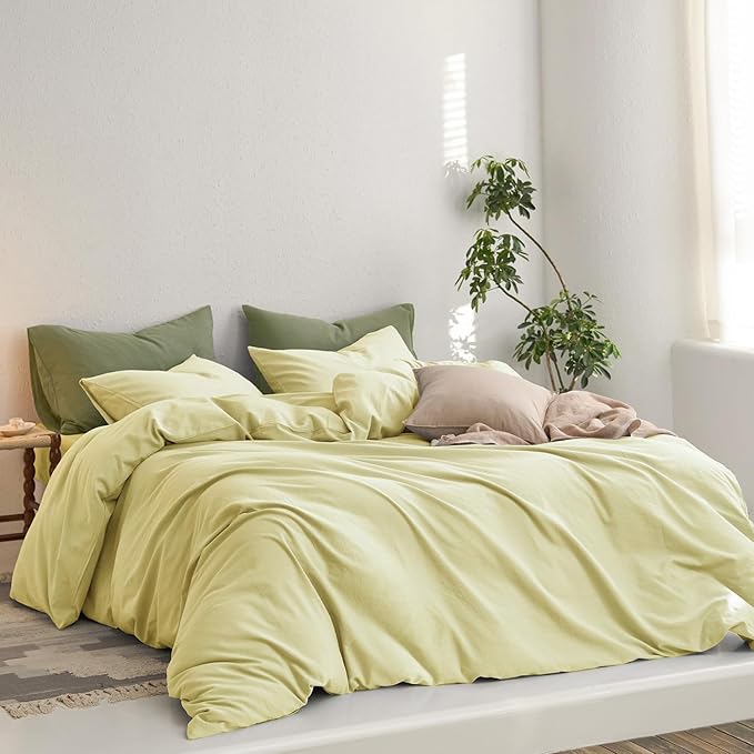 MooMee Queen Duvet Cover Set, 100% Washed Cotton Linen Like Twill Thick Sturdy Material Super Soft Breathable Durable Bedding for All Season, 3 Pieces (Pale Yellow, Queen 90"x90")