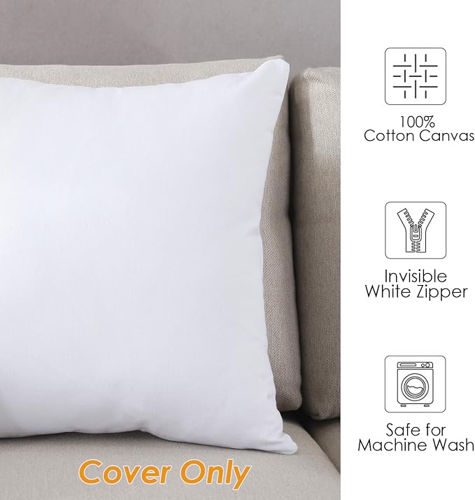 TAOSON Set of 2 White Decorative Throw Pillow Covers 18x18 Inch - 100% Cotton Canvas Square Cushion Cases with Hidden Zipper, Soft Solid Pillowcases (No Insert)