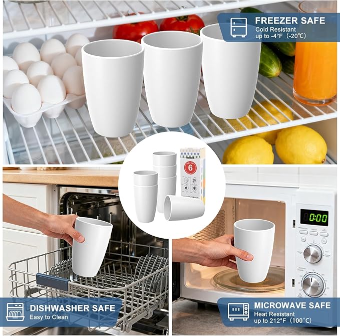 Wheat Straw Unbreakable Cup, 20 OZ Reusable Water Drinking Glasses Sets of 6, Lightweight Glass Cups, Alternative to Plastic Cups, Dishwasher Safe Tumbler for Kitchen Outdoor Camping, White