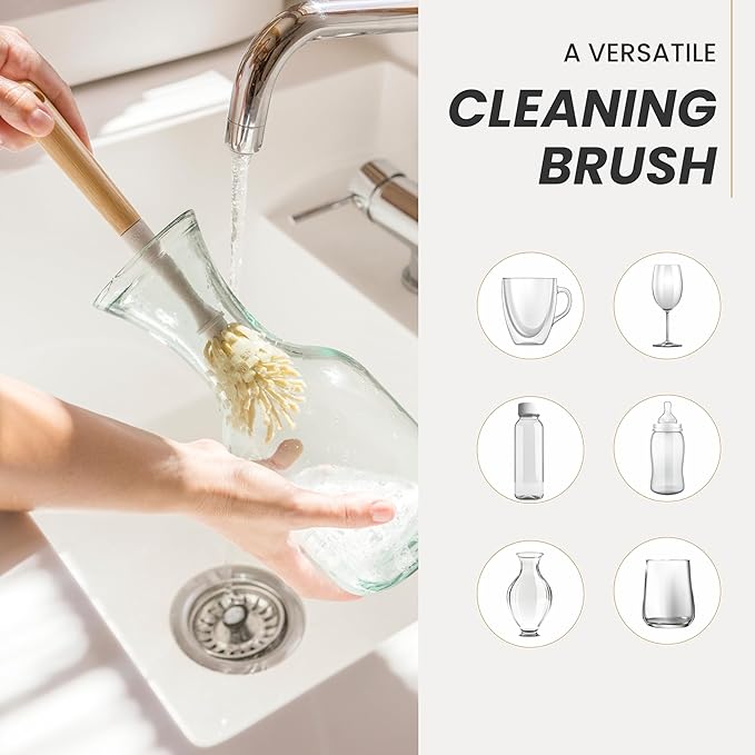 Vigar Zeroline 10.2" Bamboo Bottle Brush With Long Handle - Water Bottle Brush for Glassware, Tumblers, Jars and Vases, Kitchen Dish Scrubber, Wooden Bottle Cleaner, Dish Brush for Sink, Kitchen Brush