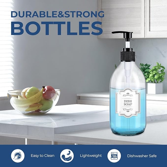 16 oz Clear Glass Soap Dispenser with Pump, Glass Pump Bottle for Lotion Body Oil, 500ml Hand and Dish Soap Dispensers Set with Storage Caps, Labels - 2 Pack
