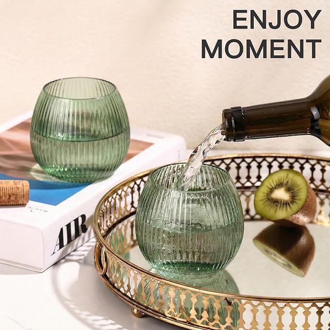 JOVGANK Green Ribbed Drinking Glasses Set of 6-10.8 OZ Stemless Wine Champagne Whiskey Cocktail Glass, Reusable Wine Cups for Home Party Wedding Bar